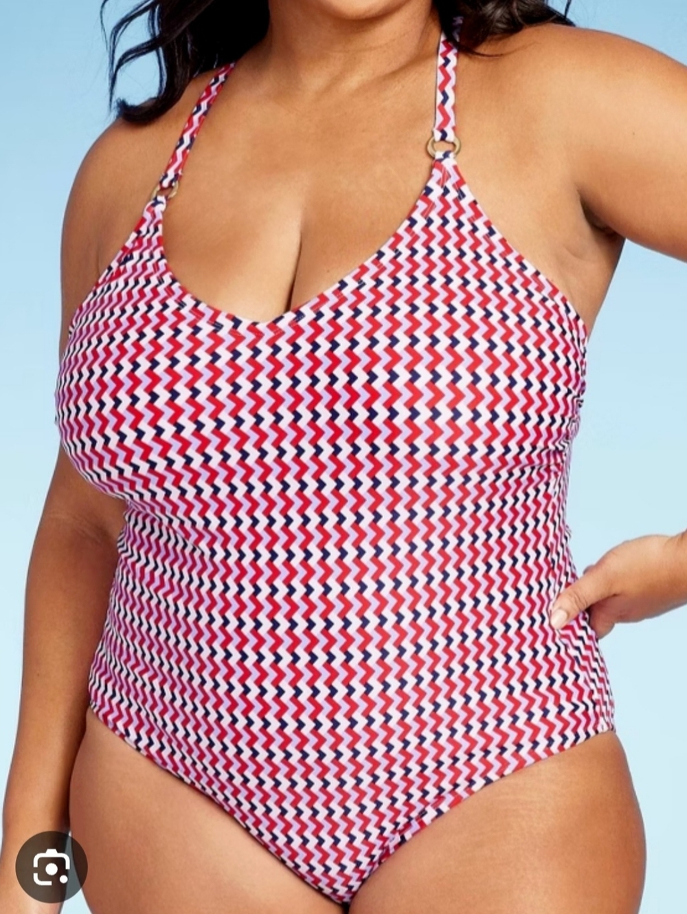 NEW Size Large Halter Style One Piece Swimsuit Red White Blue Pattern